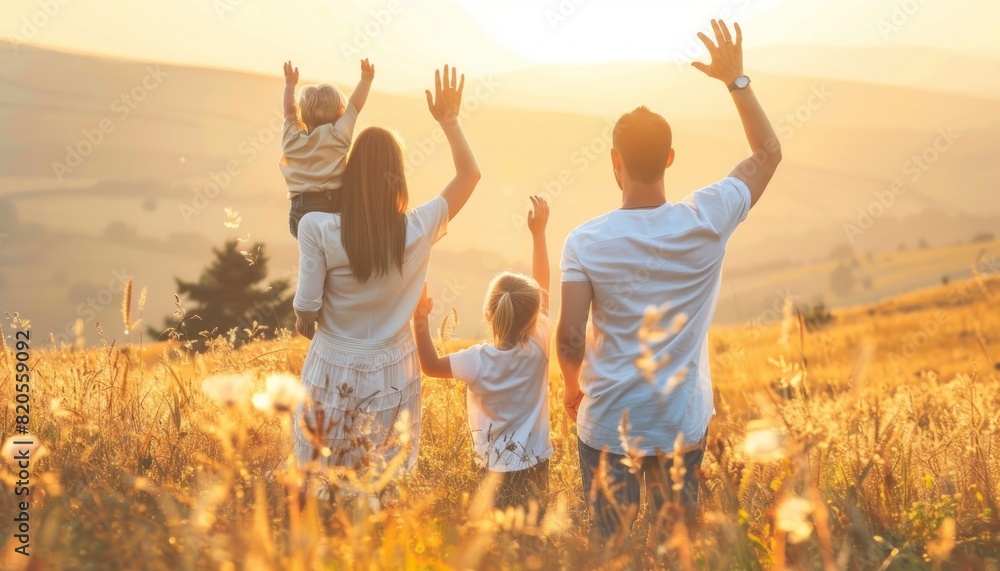 Fototapeta premium Family enjoying the sunlight in a grassy ecoregion, gesturing happily in nature