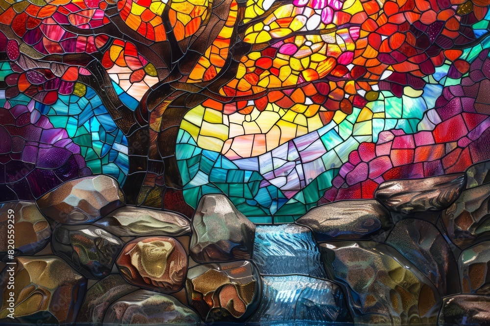 Naklejka premium stained glass window river with forest and sun