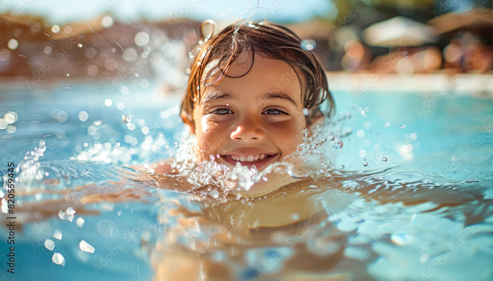a young boy is swimming in a swimming pool and smiling a young boy is swimming in a swimming pool and smiling