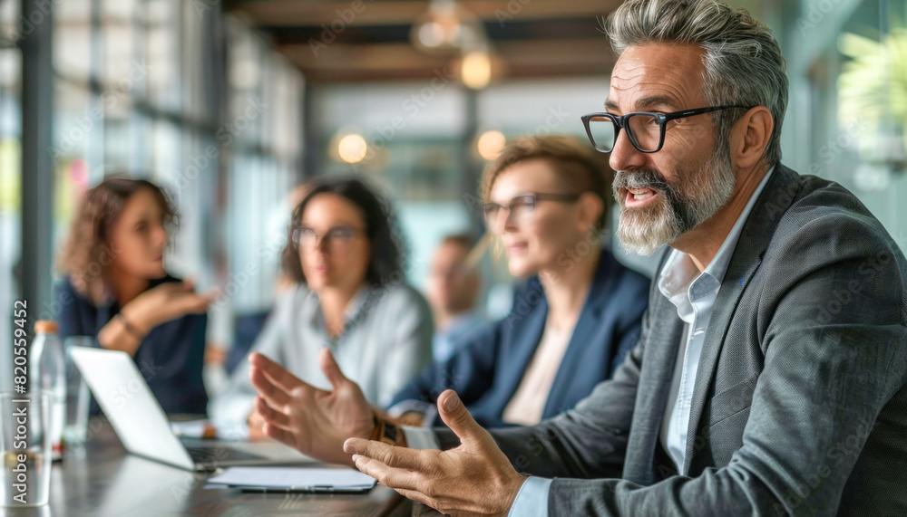 a man is sitting at a table talking to a group of people a man is sitting at a table talking to a group of people