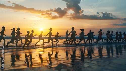 Crowd of people or friends runs to sunset sea Beach holidays travel concept : Generative AI photo