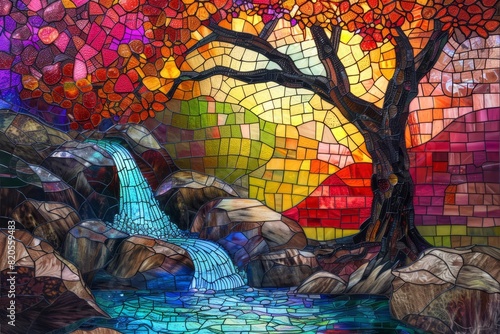 stained glass window river with forest and sun