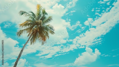 Palm tree on tropical beach with blue sky and white clouds abstract background Copy space of summer vacation and business travel concept Vintage tone filter effect color style   Generative AI