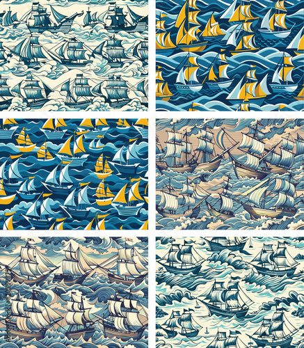 set of Sailing ship pattern background