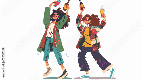 Pair of drunk girls dressed in messy clothes. Young w