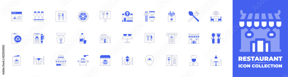 Restaurant icon collection. Duotone style line stroke and bold. Vector illustration. Containing menu, food delivery, restaurant, vodka, table, dinner, pot, champagne, pizza, order, bar.