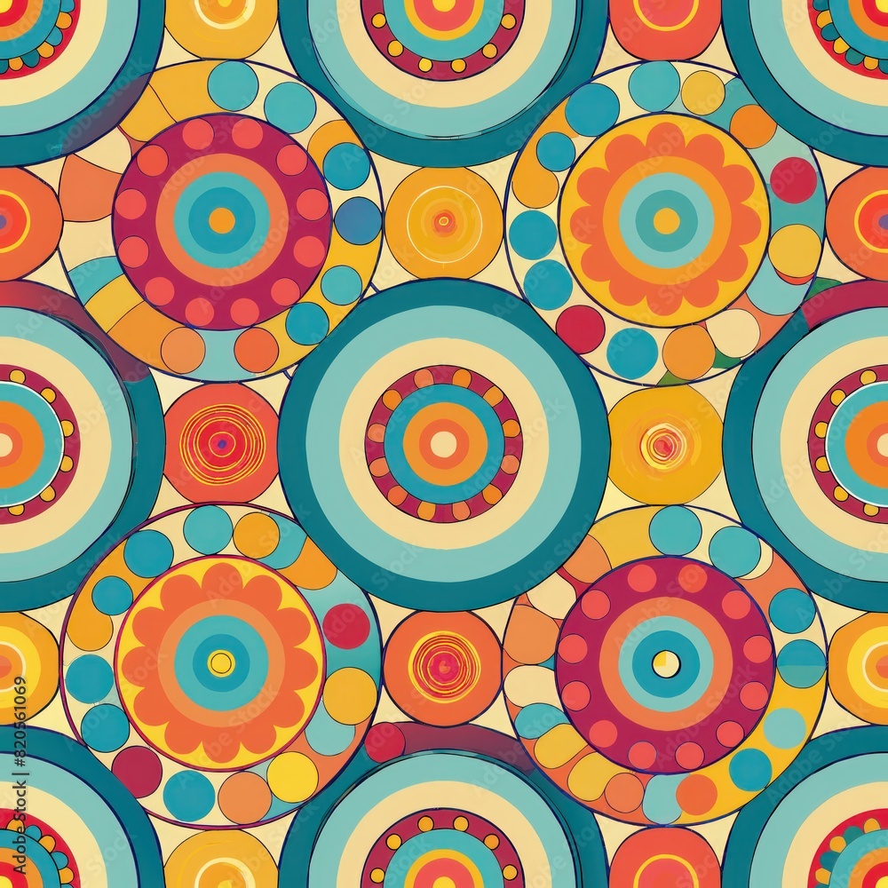 Fototapeta premium Seamless pattern of mosaic circles arranged in concentric layers, adding a touch of whimsy and playfulness to your gift wrap, Generative AI