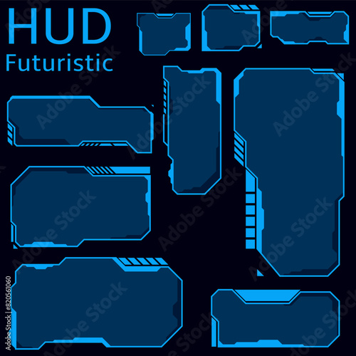 HUD futuristic display screen frames and info boxes, vector ui interface of sci fi game interface. Digital technology head up display interface hologram control panel and user menu window.