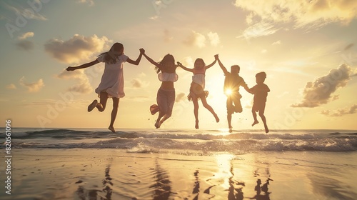 Happy asian family jumping together on the beach in holiday Silhouette of the family holding hands enjoying the sunset on the  beachHappy family travel and vacations concept : Generative AI photo