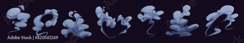 Comic cloud smoke effect, cartoon dust steam puff. Gas or bomb explosion fog graphic. 2d manga game blast vapor and fume trail. Abstract 2d storm air or energy explode isolated illustration.