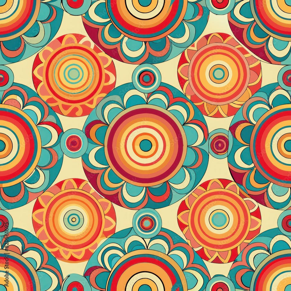Seamless pattern of mosaic circles arranged in concentric layers, adding a touch of whimsy and playfulness to your gift wrap, Generative AI Seamless pattern of mosaic circles arranged in concentric layers, adding a touch of whimsy and playfulness to your gift wrap, Generative AI