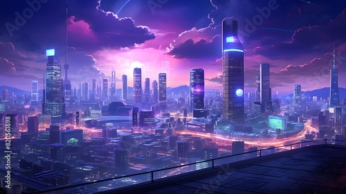 Panoramic view of modern city at night. 3d rendering