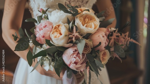 Wedding flowers bridal bouquet closeup Decoration made of roses peonies and decorative plants closeup selective focus nobody objects : Generative AI photo