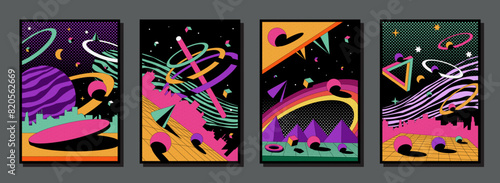 Psychedelic posters. Abstract retro background. 1980s space landscape with volcano explosion. Surreal sky. Cosmic infinity. Optical illusion. Geometric shapes. Vector graphic banners set
