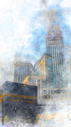 Watercolor painting sketch of kaaba masjid al-haram in mecca, saudi arabia photo