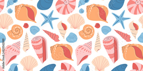 Sea shell seamless pattern. Ocean exotic underwater seashell conch aquatic mollusk, sea spiral snail collection. Tropical beach shells. Modern flat style isolated on white background.