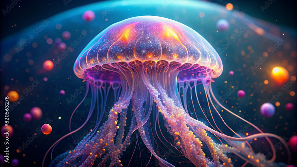 The image features a jellyfish with neon lights on its tentacles, swimming in an ocean filled with small spheres. The jellyfish is floating in space-like background. The image features a jellyfish with neon lights on its tentacles, swimming in an ocean filled with small spheres. The jellyfish is floating in space-like background.