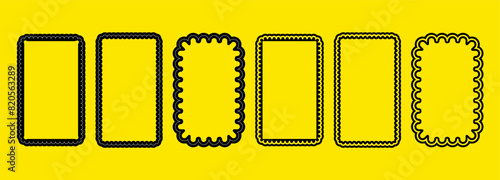 Rectangle scallop frame. Cute frill wave edge vector. Round squiggle doodle border. Groovy and vintage vertical framework design. Rectangular story box cutout. Curve wiggle label outline picture