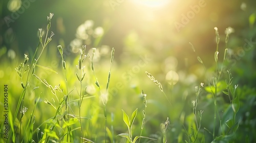Green grass in the field with sunbeams Blurred summer background selective focus : Generative AI