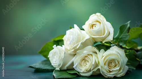 beautiful bouquet of bright white rose flowers on table with green background   Generative AI