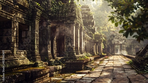 overgrown ruins of a temple with large stone blocks and archways.