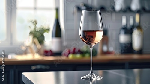 glass of rese wine on the table in the interior of a modern kitchen
 photo
