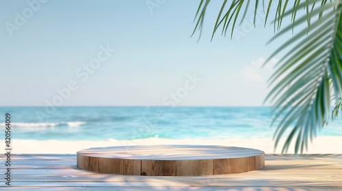 Summer product display on wooden podium at sea tropical beach   Generative AI