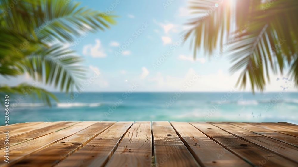 Top of wood table with seascape and palm tree blur bokeh light of calm sea and sky at tropical beach background Empty ready for your product display montage summer vacation background  : Generative AI