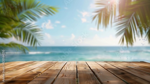 Top of wood table with seascape and palm tree blur bokeh light of calm sea and sky at tropical beach background Empty ready for your product display montage summer vacation background    Generative AI