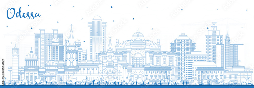 Outline Odessa city skyline with blue buildings. Odesa cityscape with landmarks. Business travel and tourism concept with modern and historic architecture.