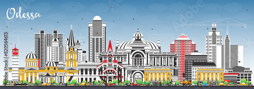 Odessa city skyline with color buildings and blue sky. Odesa cityscape with landmarks. Business travel and tourism concept with modern and historic architecture.