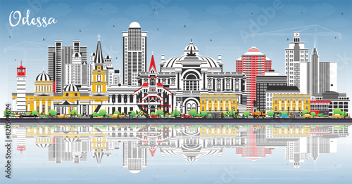 Odessa city skyline with color buildings, blue sky and reflections. Odesa cityscape with landmarks. Business travel and tourism concept with modern and historic architecture.