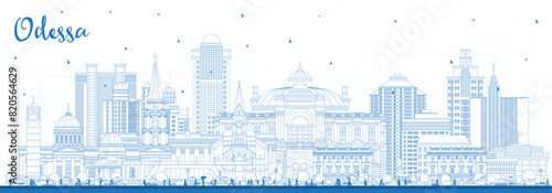 Outline Odessa city skyline with blue buildings. Odesa cityscape with landmarks. Business travel and tourism concept with modern and historic architecture.