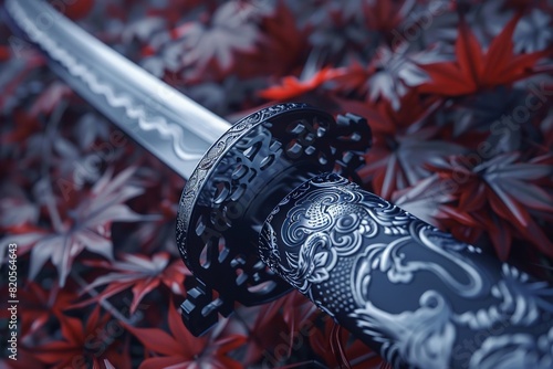 Render a sleek and deadly Katana sword with intricate details and patterns