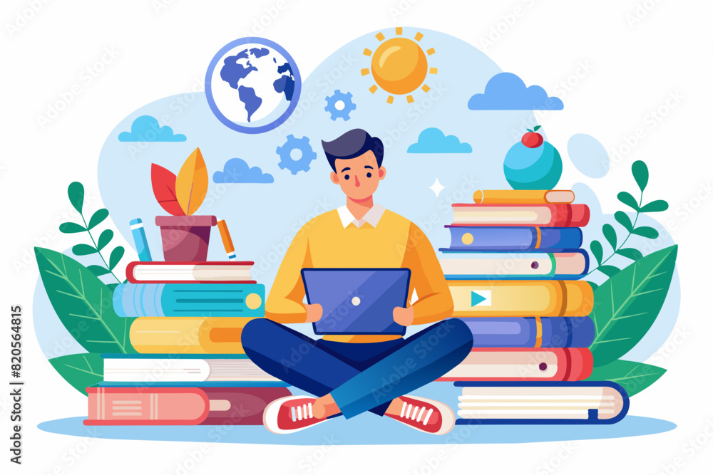 Fototapeta premium boy sitting on pile of books. Concept illustration of online courses, distance studying, self education, digital library. E-learning banner. Online education. Vector illustration in flat style