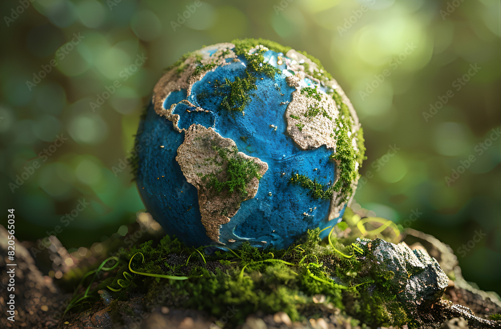 Globe On Moss In Forest Environmental Earth day concept. World Map Green Planet Earth Day or Environment day Concept Globe On Moss In Forest Environmental Earth day concept. World Map Green Planet Earth Day or Environment day Concept