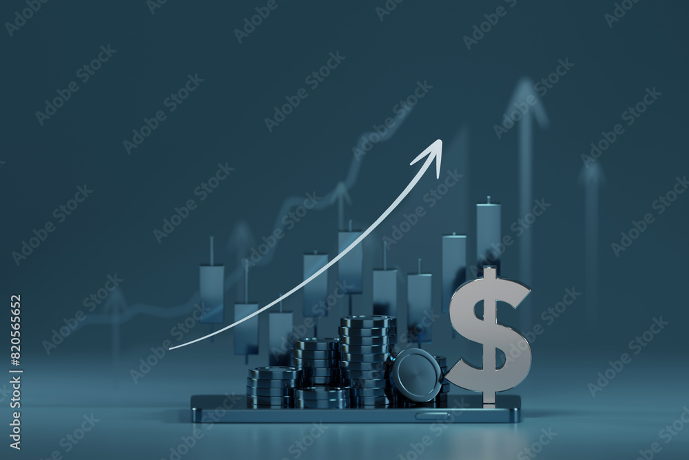 Ταπετσαρία 3D rendering Dollar sign and stack of coins integrated into the graph represents the financial returns and profitability associated with successful investments