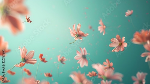 Beautiful spring flowers flying in the air against teal background Creative spring floral layout Minimal birthday valentines or wedding concept : Generative AI