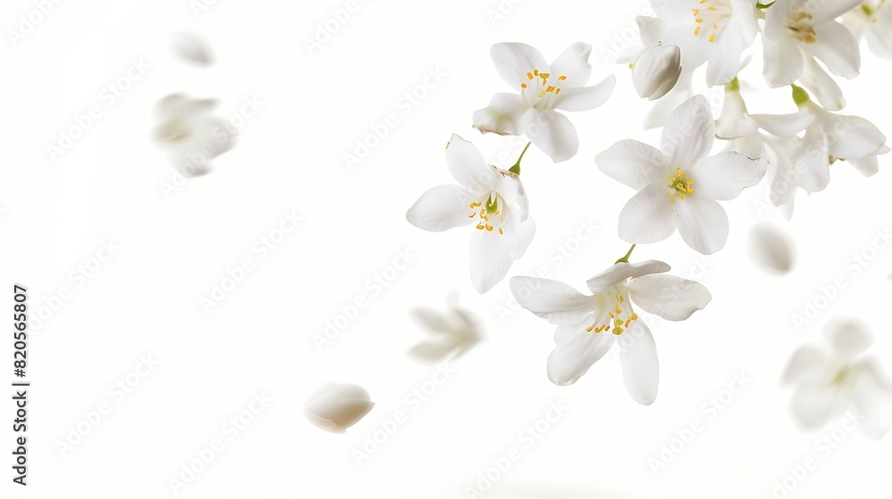 Obraz premium Jasmine bloom A beautifull white flower of Jasmine falling in the air isolated on white background Levitation or zero gravity concept High resolution image : Generative AI