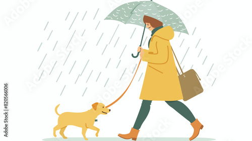 Pet owner walking with cute dog in rain. Woman and fu