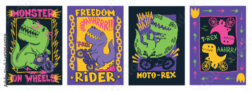 Dinosaur on motorbike. Fashion art texture. Sport animal characters. Typography streetwear print. Dino on bicycle. T-rex riding bike. Monster on wheels. Vector abstract posters set