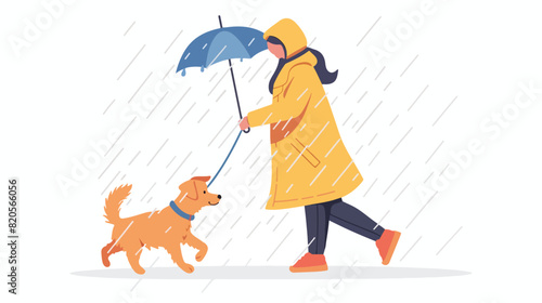Pet owner walking with cute dog in rain. Woman and fu