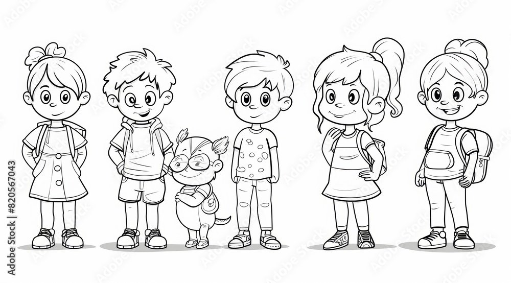 A simple coloring line drawing of children playing the roles of different characters depicting a separate story and interacting with other characters, thick lines for easy coloring by children A simple coloring line drawing of children playing the roles of different characters depicting a separate story and interacting with other characters, thick lines for easy coloring by children