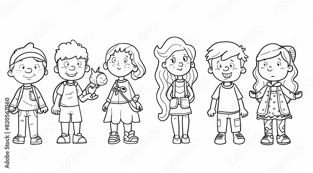 A simple coloring line drawing of children playing the roles of different characters depicting a separate story and interacting with other characters, thick lines for easy coloring by children A simple coloring line drawing of children playing the roles of different characters depicting a separate story and interacting with other characters, thick lines for easy coloring by children