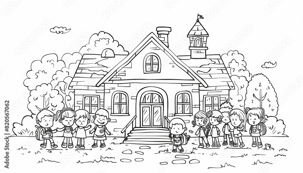 A simple coloring line drawing of a school with children depicting a separate story and interacting with other characters, thick lines for easy coloring by children, cartoon style, white background A simple coloring line drawing of a school with children depicting a separate story and interacting with other characters, thick lines for easy coloring by children, cartoon style, white background