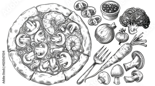 Pizza and ingredients monochrome Four . Pepperoni piz photo