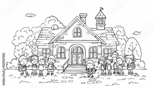 Wallpaper Mural A simple coloring line drawing of a school with children depicting a separate story and interacting with other characters, thick lines for easy coloring by children, cartoon style, white background Torontodigital.ca