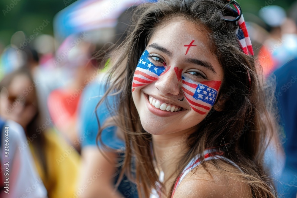 Naklejka premium young woman with an American flag painted on her face. american independence day. the symbol of the united states