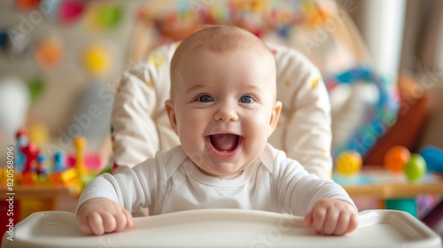 Joyful baby boy laughing, sitting in a high chair, surrounded by colorful toys,