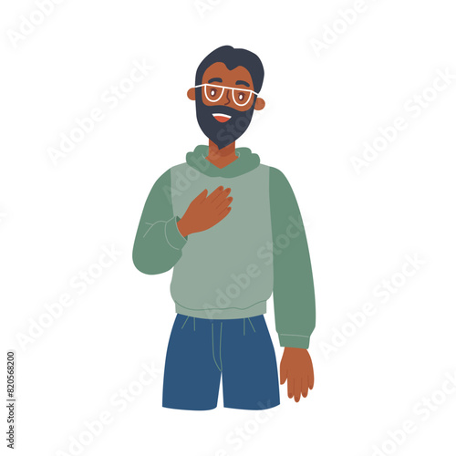  Sincere man holds his hand on his chest. Sign of recognition and gratitude. Vector flat illustration. 